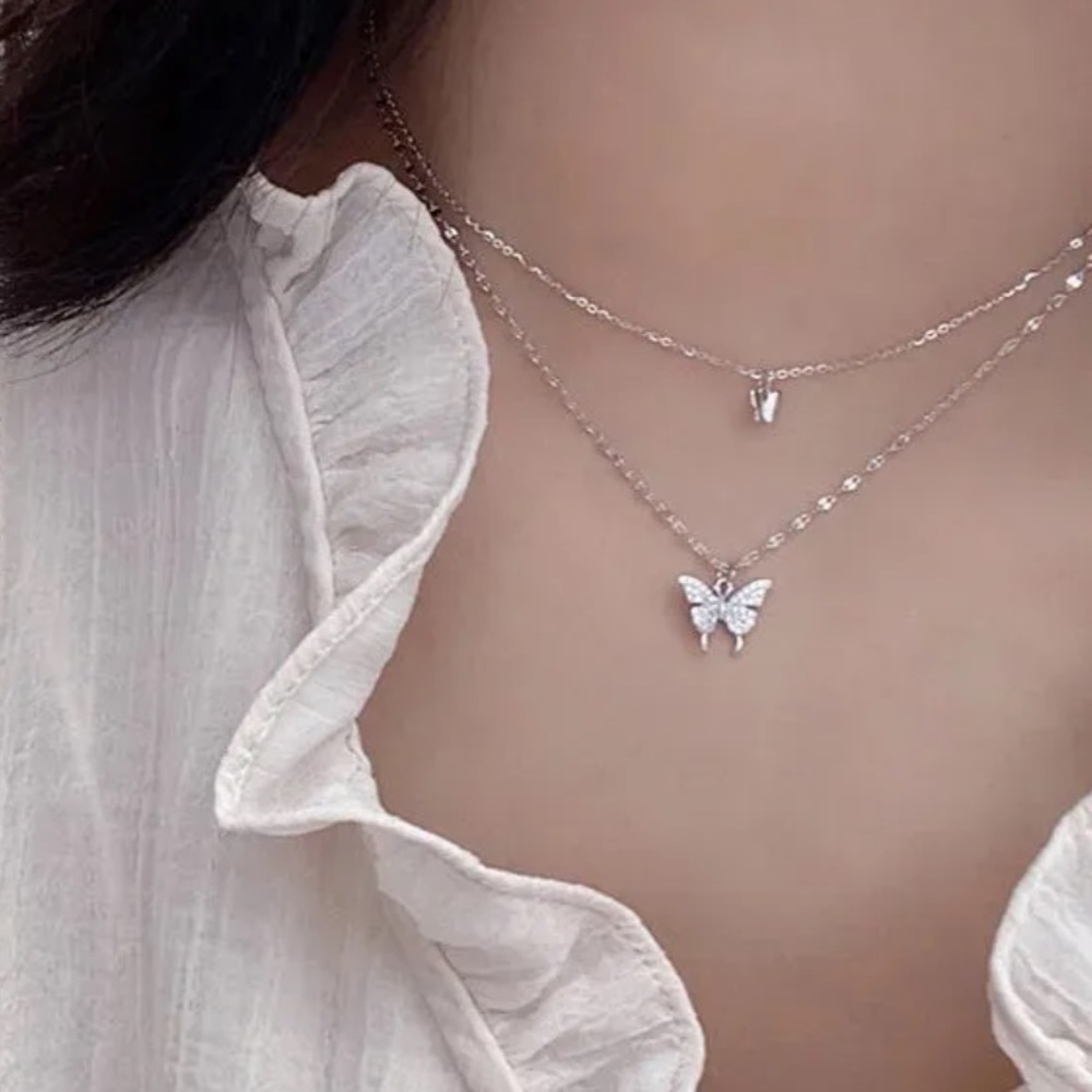 Silver CZ Butterfly Multilayered Necklace